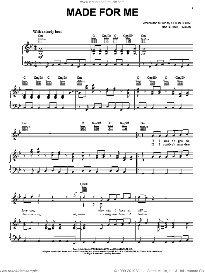 Made For Me sheet music for voice, piano or guitar by Elton John and Bernie Taupin, intermediate skill level