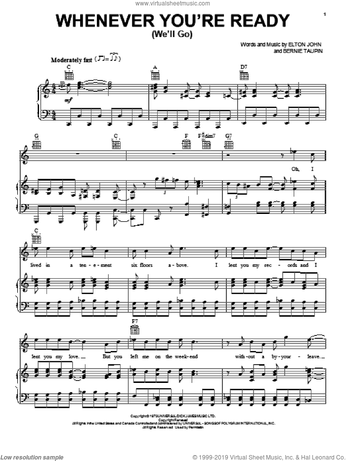 Whenever You're Ready (We'll Go) sheet music for voice, piano or guitar by Elton John and Bernie Taupin, intermediate skill level