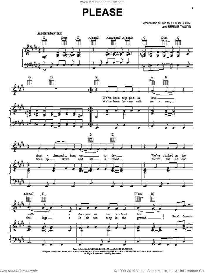 Please sheet music for voice, piano or guitar by Elton John and Bernie Taupin, intermediate skill level