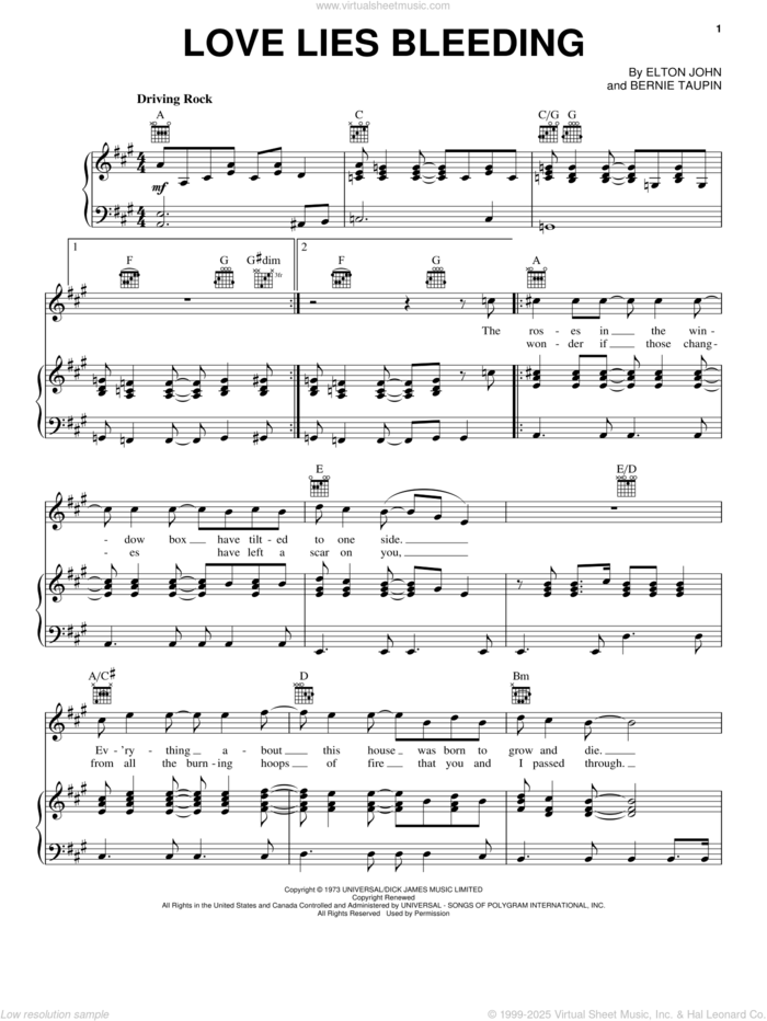 Love Lies Bleeding sheet music for voice, piano or guitar by Elton John and Bernie Taupin, intermediate skill level