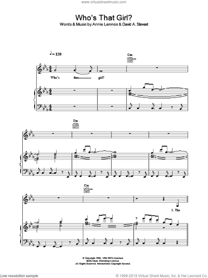 Who's That Girl? sheet music for voice, piano or guitar by Eurythmics, Annie Lennox and Dave Stewart, intermediate skill level