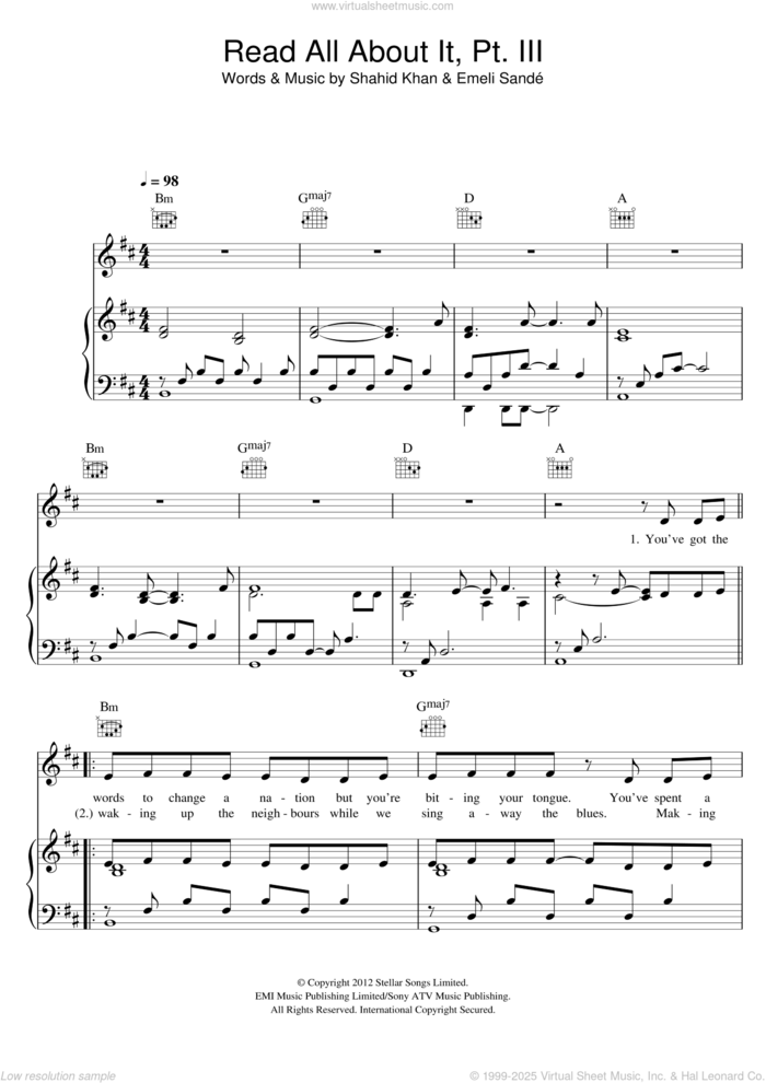 Read All About It, Part III sheet music for voice, piano or guitar by Emeli Sande and Shahid Khan, intermediate skill level