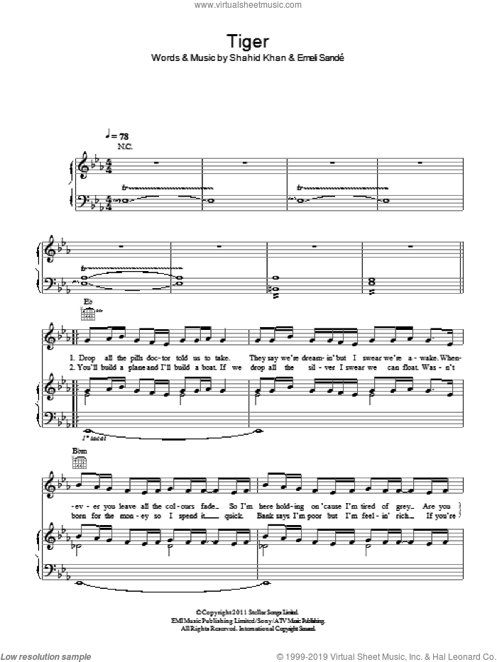 Tiger sheet music for voice, piano or guitar by Emeli Sande and Shahid Khan, intermediate skill level