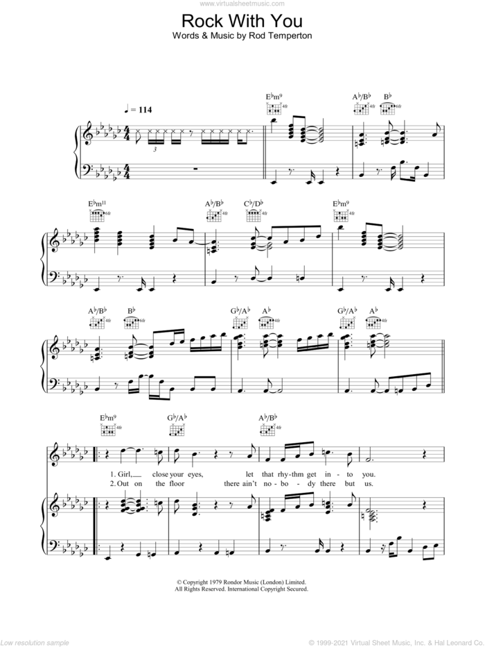 Rock With You sheet music for voice, piano or guitar by Michael Jackson and Rod Temperton, intermediate skill level