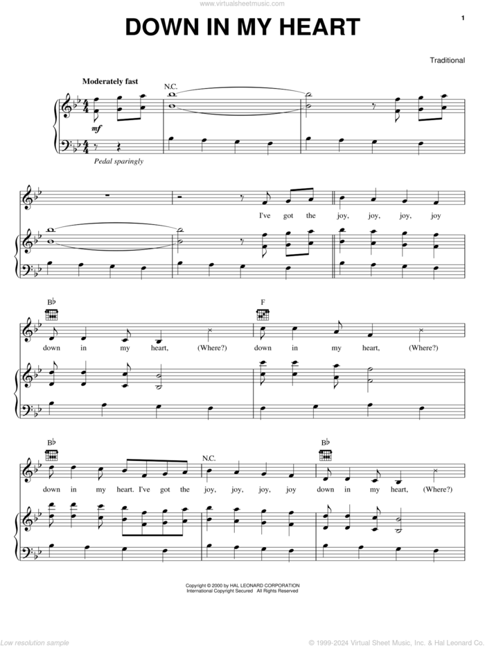 Down In My Heart sheet music for voice, piano or guitar, intermediate skill level