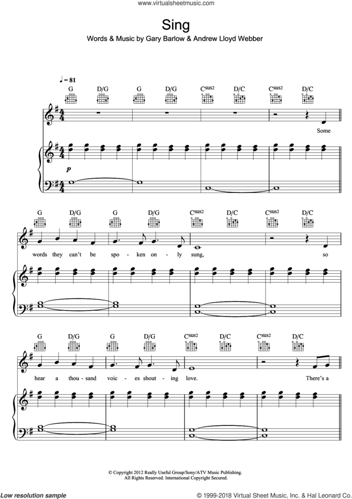 Sing sheet music for voice, piano or guitar by Gary Barlow & The Commonwealth Band, Andrew Lloyd Webber and Gary Barlow, intermediate skill level