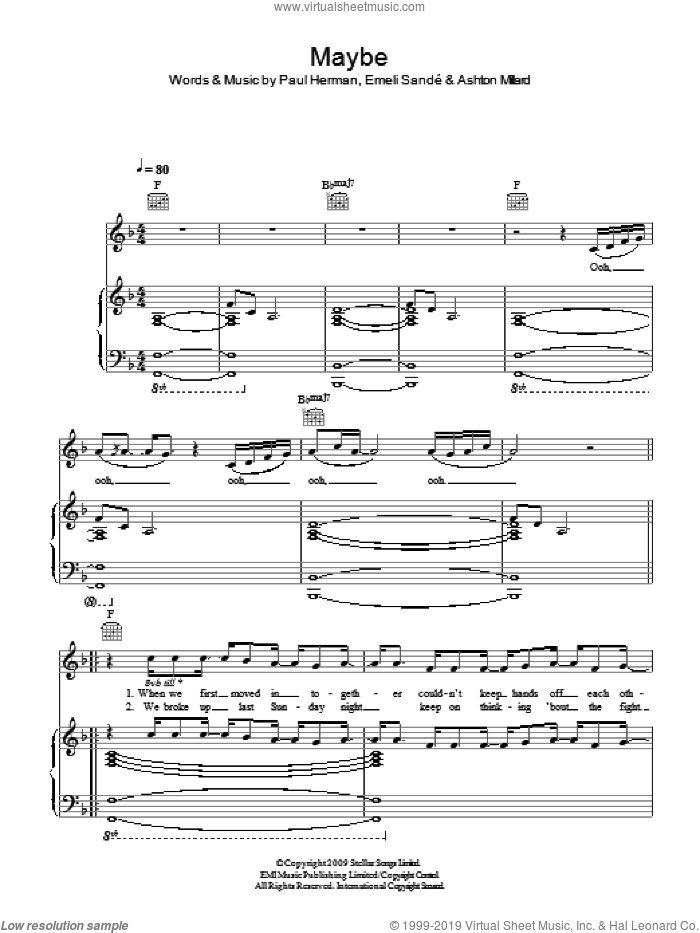 Maybe sheet music for voice, piano or guitar by Emeli Sande, Ashton Millard and Paul Herman, intermediate skill level