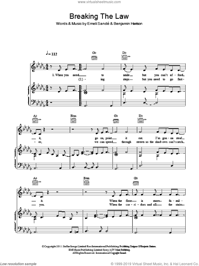 Breaking The Law sheet music for voice, piano or guitar by Emeli Sande and Benjamin Harrison, intermediate skill level