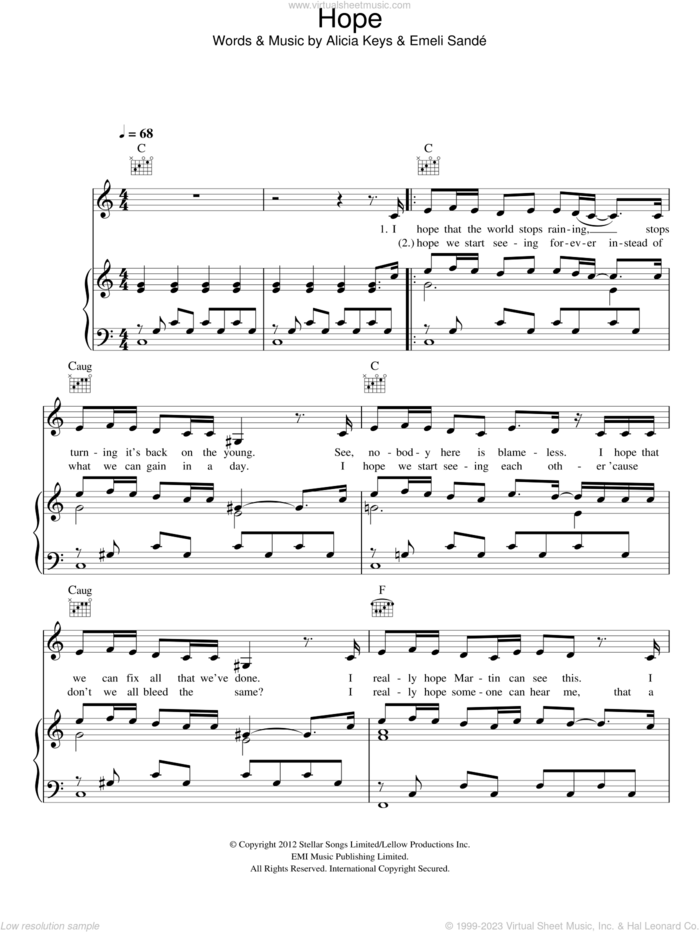 Hope sheet music for voice, piano or guitar by Emeli Sande and Alicia Keys, intermediate skill level
