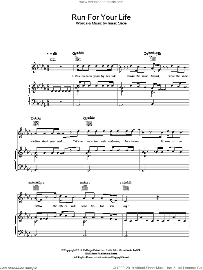 Run For Your Life sheet music for voice, piano or guitar by The Fray and Isaac Slade, intermediate skill level