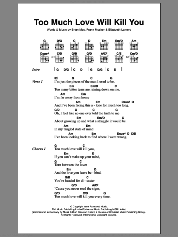 Too Much Love Will Kill You sheet music for guitar (chords) by Queen, Brian May, Elizabeth Lamers and Frank Musker, intermediate skill level