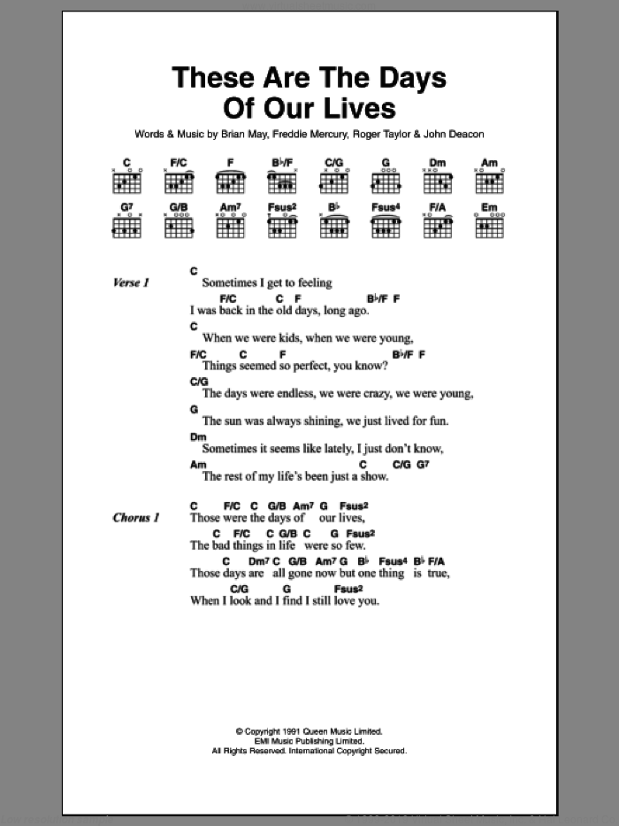 These Are The Days Of Our Lives sheet music for guitar (chords) by Queen, Brian May, Frederick Mercury, John Richard Deacon and Roger Meddows Taylor, intermediate skill level