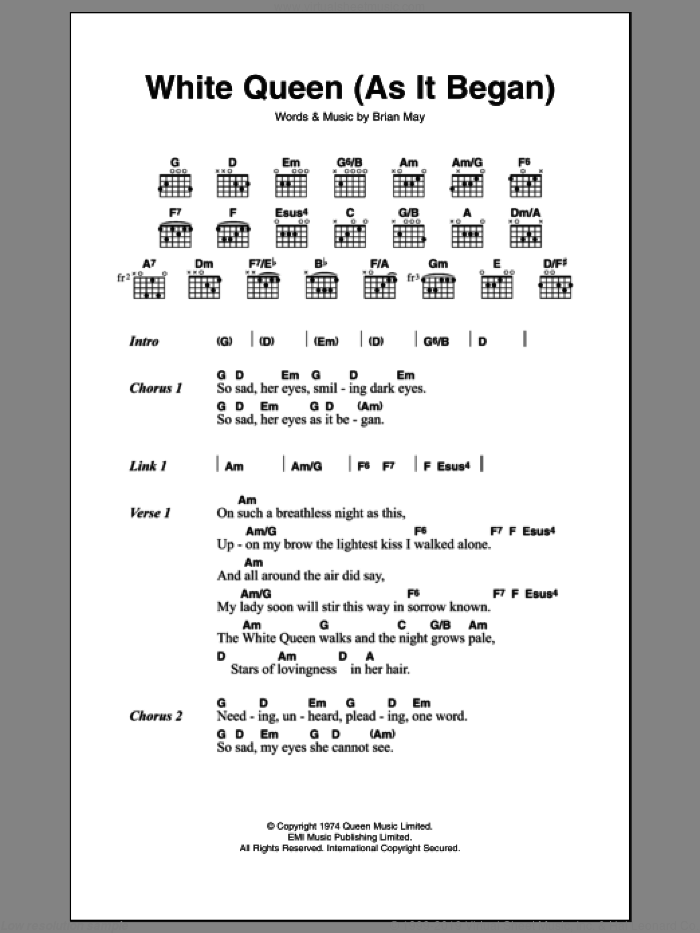 White Queen (As It Began) sheet music for guitar (chords) by Queen and Brian May, intermediate skill level
