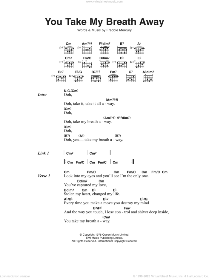You Take My Breath Away sheet music for guitar (chords) by Queen and Frederick Mercury, intermediate skill level