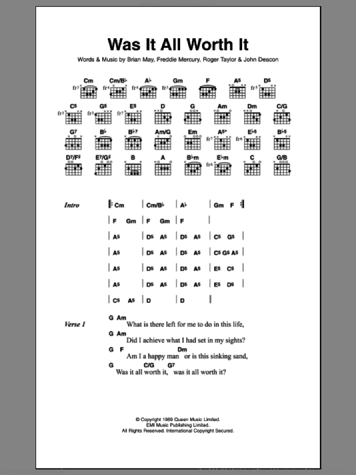 Was It All Worth It sheet music for guitar (chords) by Queen, Brian May, Frederick Mercury, John Richard Deacon and Roger Meddows Taylor, intermediate skill level