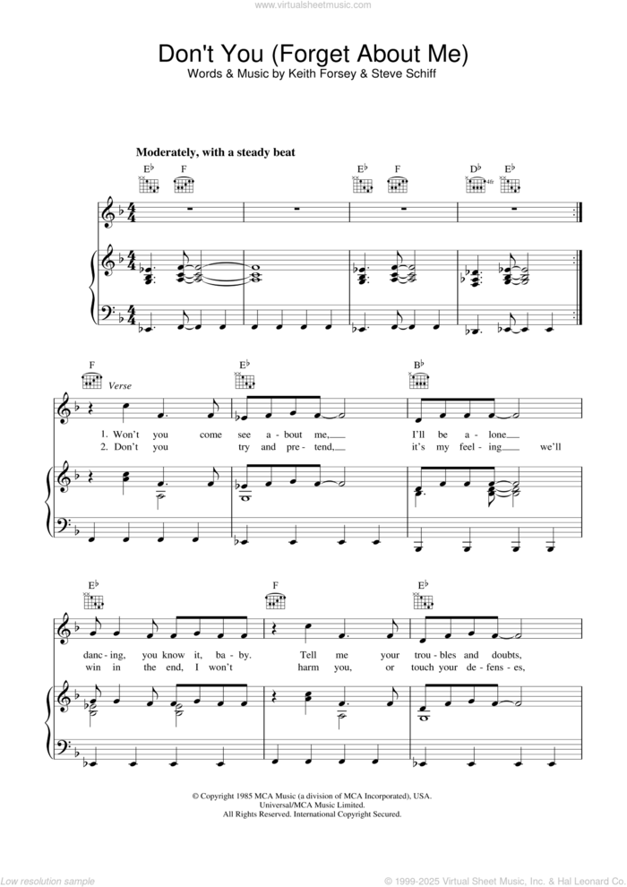 Don't You (Forget About Me) sheet music for voice, piano or guitar by Simple Minds, Keith Forsey and Steve Schiff, intermediate skill level