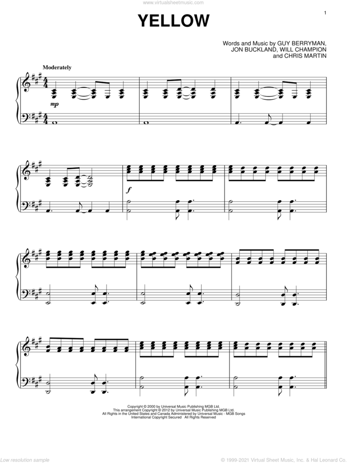 Yellow, (intermediate) sheet music for piano solo by Coldplay, Chris Martin, Guy Berryman, Jon Buckland and Will Champion, intermediate skill level