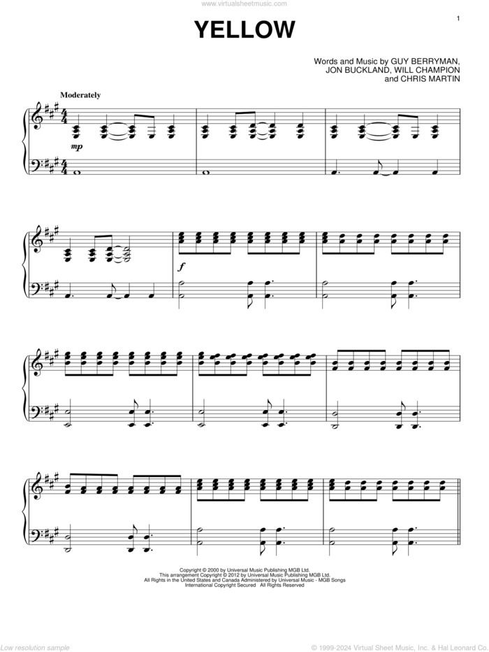 Yellow, (intermediate) sheet music for piano solo by Coldplay, Chris Martin, Guy Berryman, Jon Buckland and Will Champion, intermediate skill level