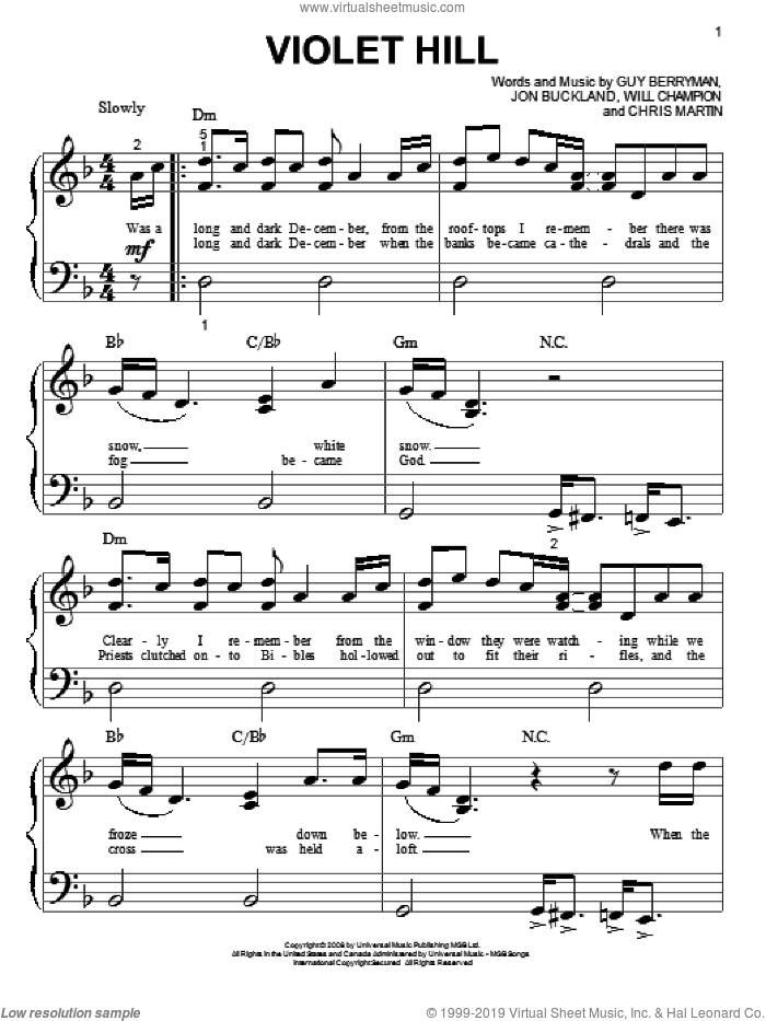 Violet Hill sheet music for piano solo (big note book) by Coldplay, Chris Martin, Guy Berryman, Jon Buckland and Will Champion, easy piano (big note book)
