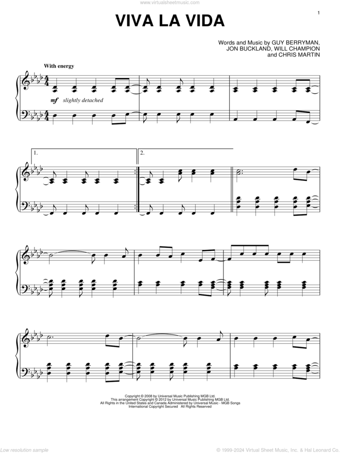 Viva La Vida, (intermediate) sheet music for piano solo by Coldplay, Chris Martin, Guy Berryman, Jon Buckland and Will Champion, intermediate skill level