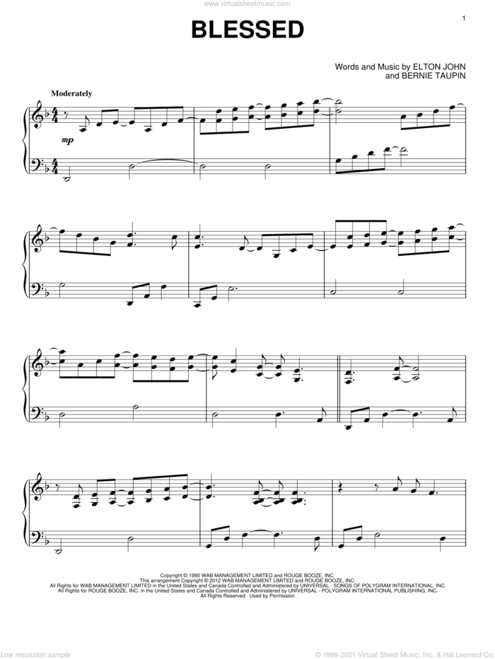 Blessed sheet music for piano solo by Elton John and Bernie Taupin, intermediate skill level