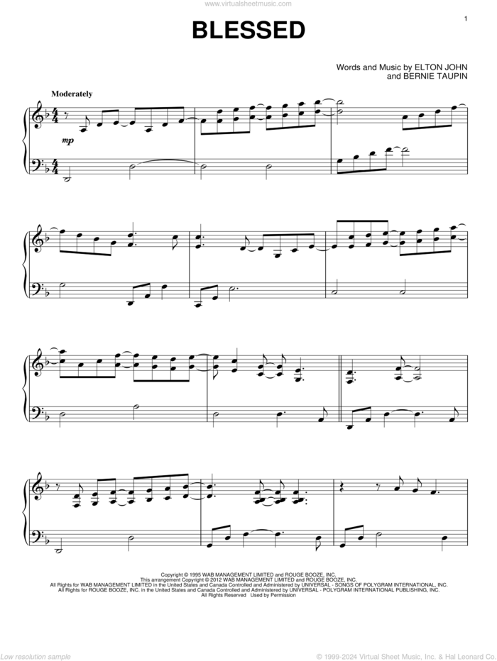 Blessed sheet music for piano solo by Elton John and Bernie Taupin, intermediate skill level