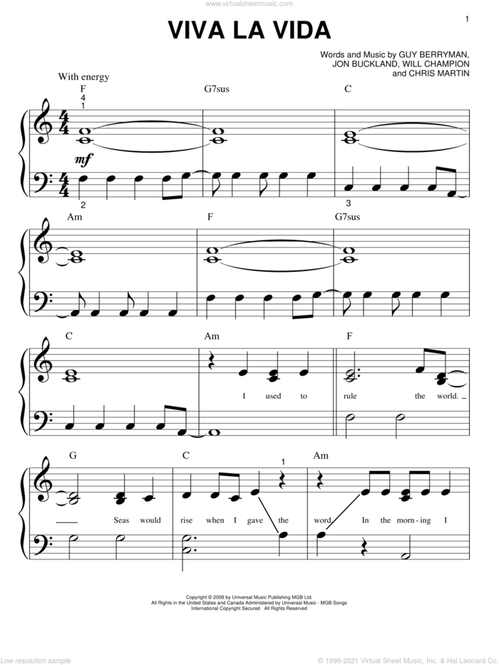 Viva La Vida sheet music for piano solo (big note book) by Coldplay, Chris Martin, Guy Berryman, Jon Buckland and Will Champion, easy piano (big note book)