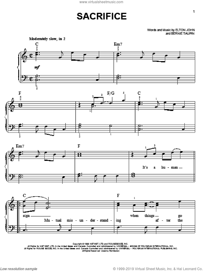 Sacrifice, (easy) sheet music for piano solo by Elton John and Bernie Taupin, easy skill level