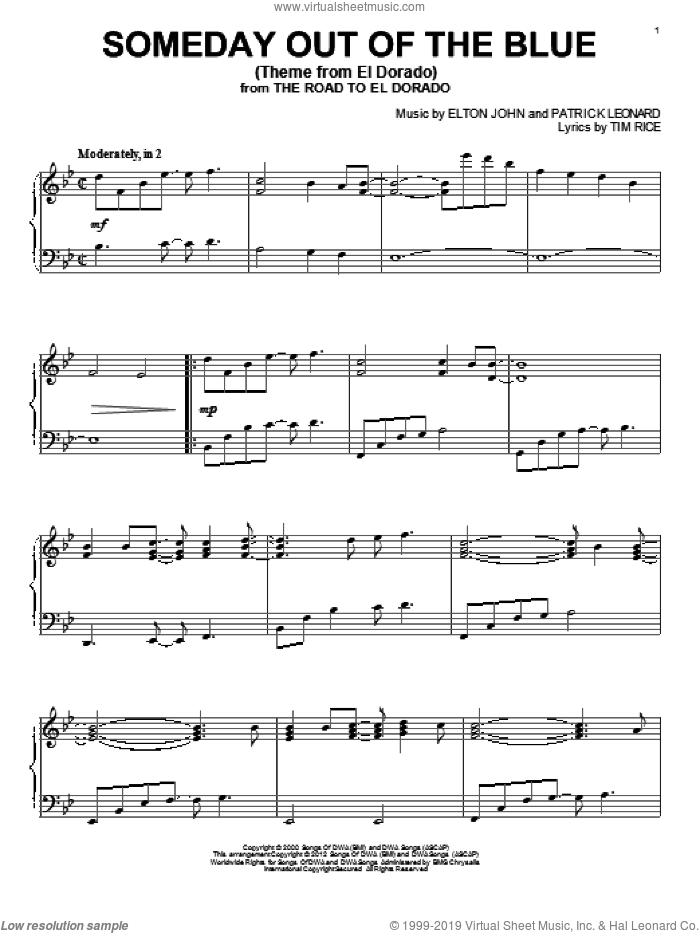 Someday Out Of The Blue (Theme from El Dorado), (intermediate) sheet music for piano solo by Elton John, Patrick Leonard and Tim Rice, intermediate skill level