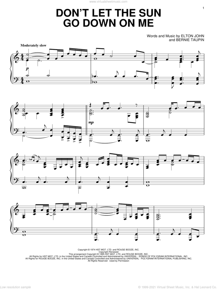 Don't Let The Sun Go Down On Me sheet music for piano solo by Elton John and Bernie Taupin, intermediate skill level