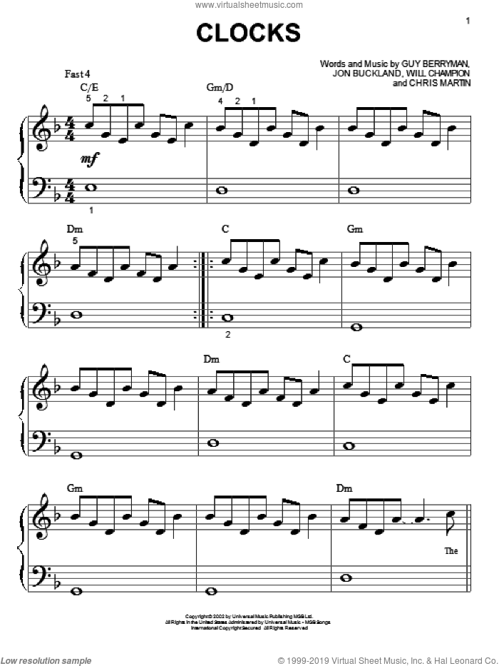 Clocks sheet music for piano solo (big note book) by Coldplay, Chris Martin, Guy Berryman, Jon Buckland and Will Champion, easy piano (big note book)