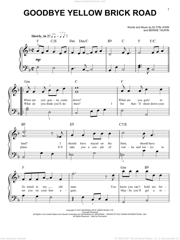 Goodbye Yellow Brick Road, (easy) sheet music for piano solo by Elton John and Bernie Taupin, easy skill level