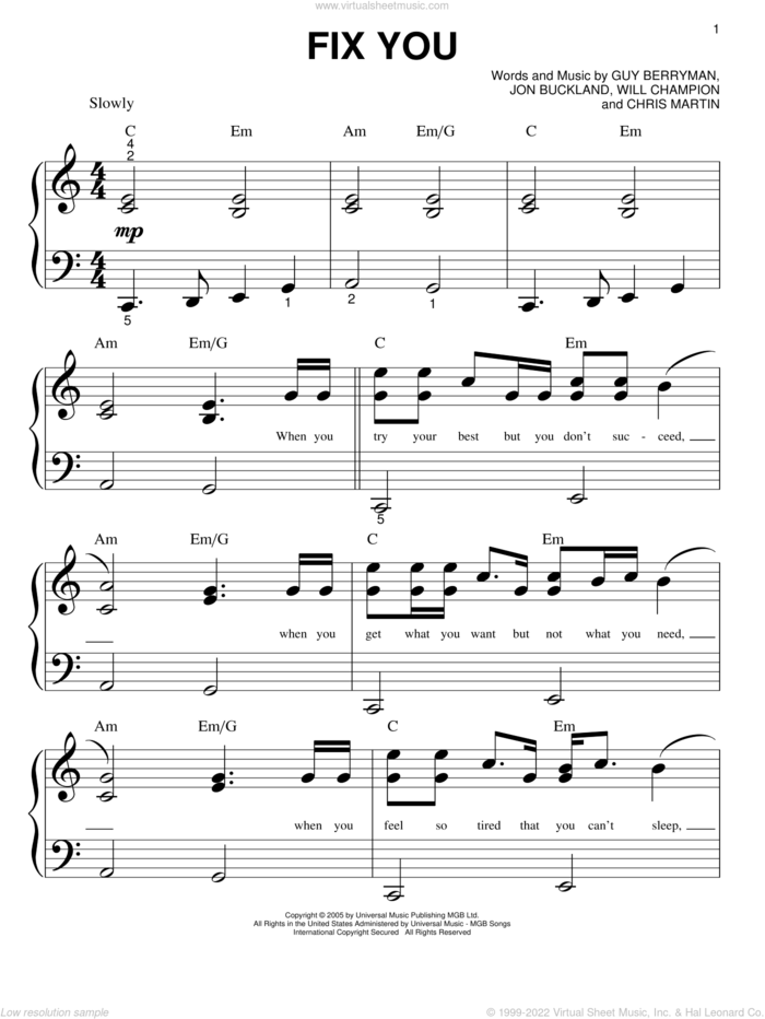 Fix You sheet music for piano solo (big note book) by Coldplay, Chris Martin, Guy Berryman, Jon Buckland and Will Champion, easy piano (big note book)