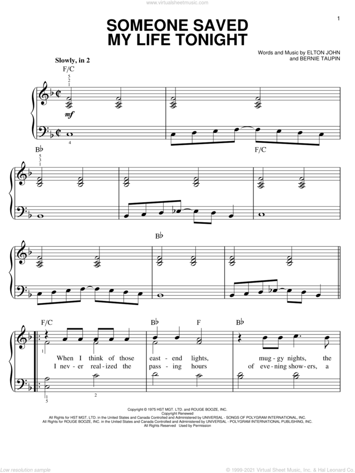 Someone Saved My Life Tonight, (easy) sheet music for piano solo by Elton John and Bernie Taupin, easy skill level