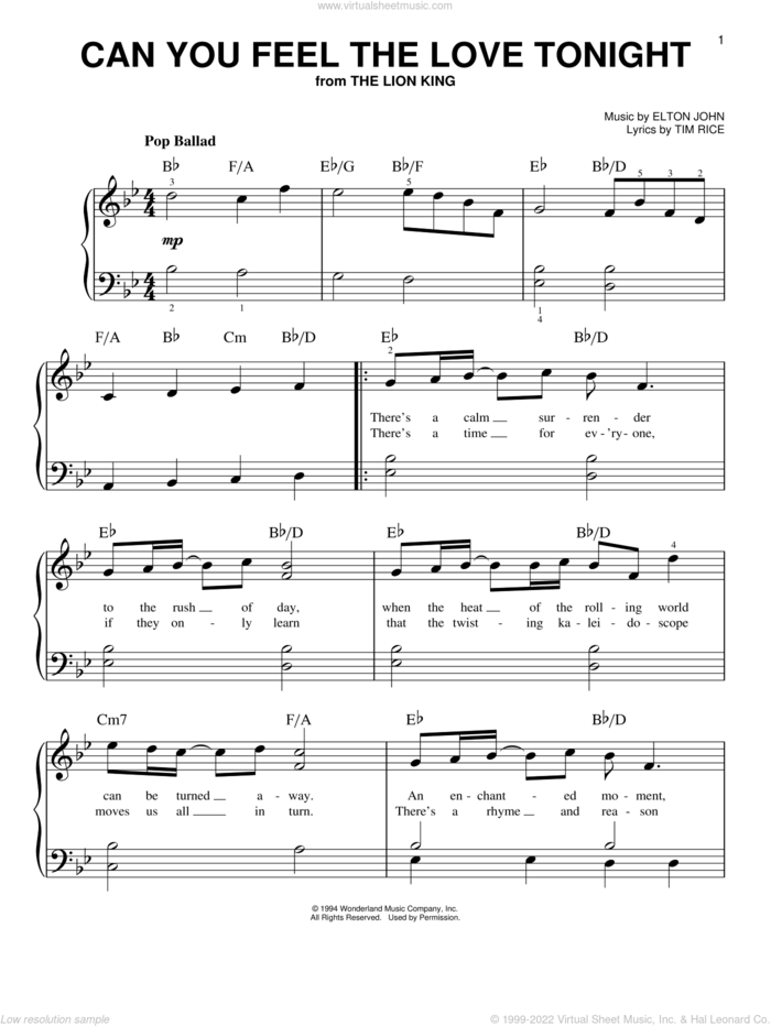 Can You Feel The Love Tonight (from The Lion King), (easy) sheet music for piano solo by Elton John and Tim Rice, wedding score, easy skill level