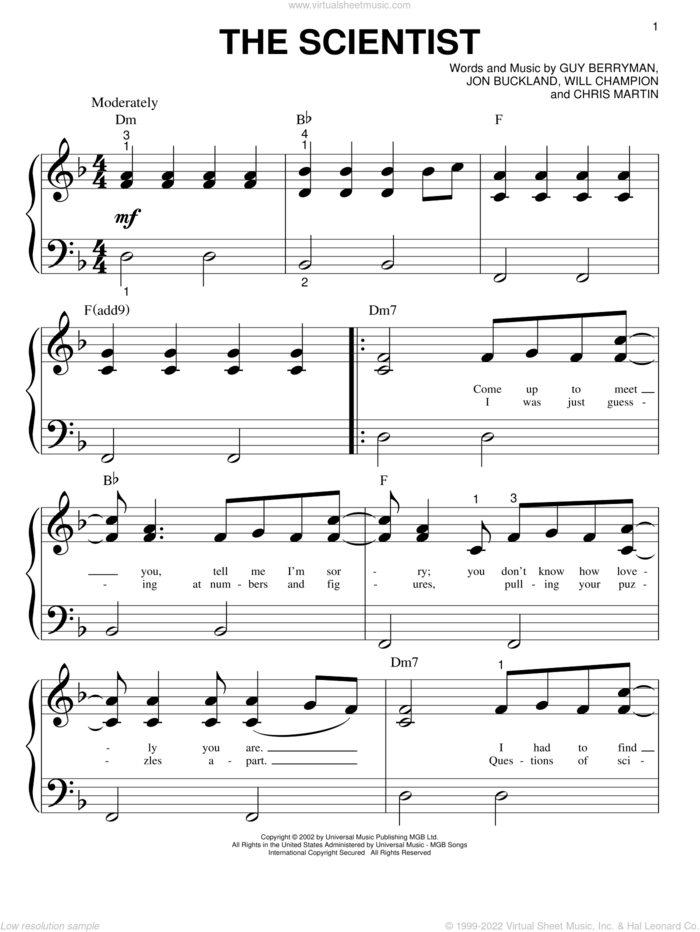 The Scientist sheet music for piano solo (big note book) by Coldplay, Chris Martin, Guy Berryman, Jon Buckland and Will Champion, easy piano (big note book)