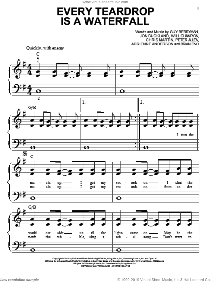 Every Teardrop Is A Waterfall sheet music for piano solo (big note book) by Coldplay, Adrienne Anderson, Brian Eno, Chris Martin, Guy Berryman, Jon Buckland, Peter Allen and Will Champion, easy piano (big note book)