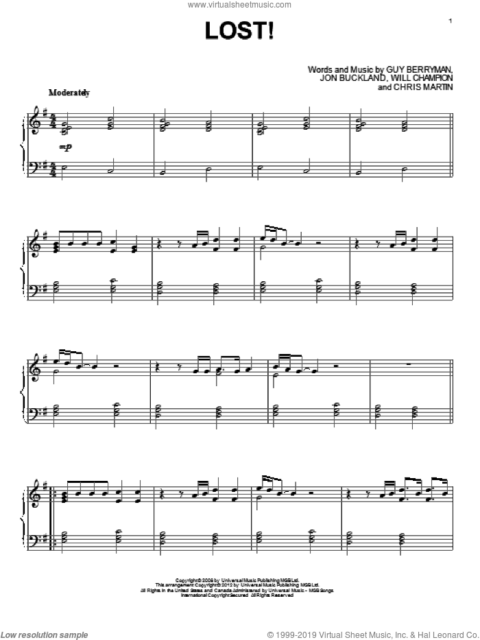 Lost!, (intermediate) sheet music for piano solo by Coldplay, Chris Martin, Guy Berryman, Jon Buckland and Will Champion, intermediate skill level