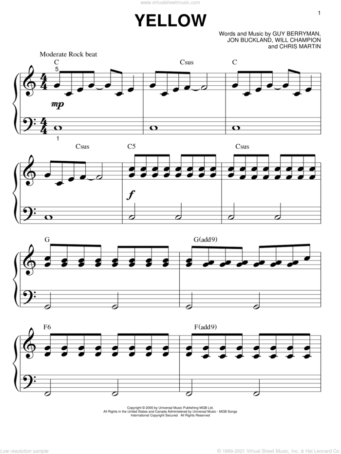 Yellow sheet music for piano solo (big note book) by Coldplay, Chris Martin, Guy Berryman, Jon Buckland and Will Champion, easy piano (big note book)