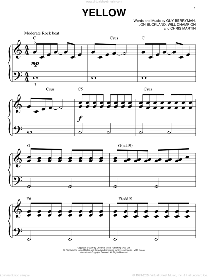 Yellow sheet music for piano solo (big note book) by Coldplay, Chris Martin, Guy Berryman, Jon Buckland and Will Champion, easy piano (big note book)