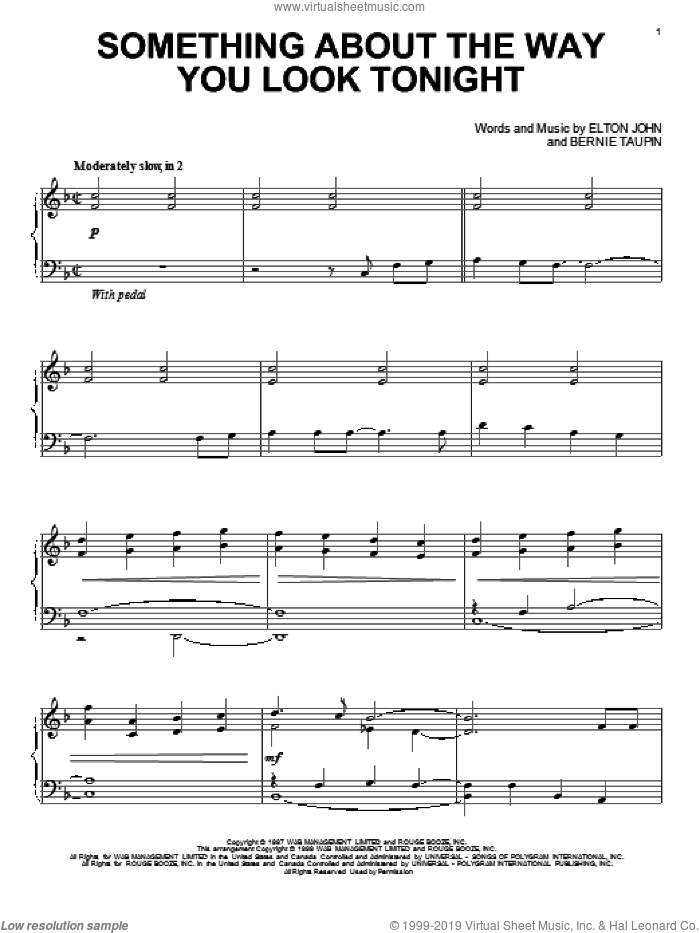Something About The Way You Look Tonight, (intermediate) sheet music for piano solo by Elton John and Bernie Taupin, intermediate skill level