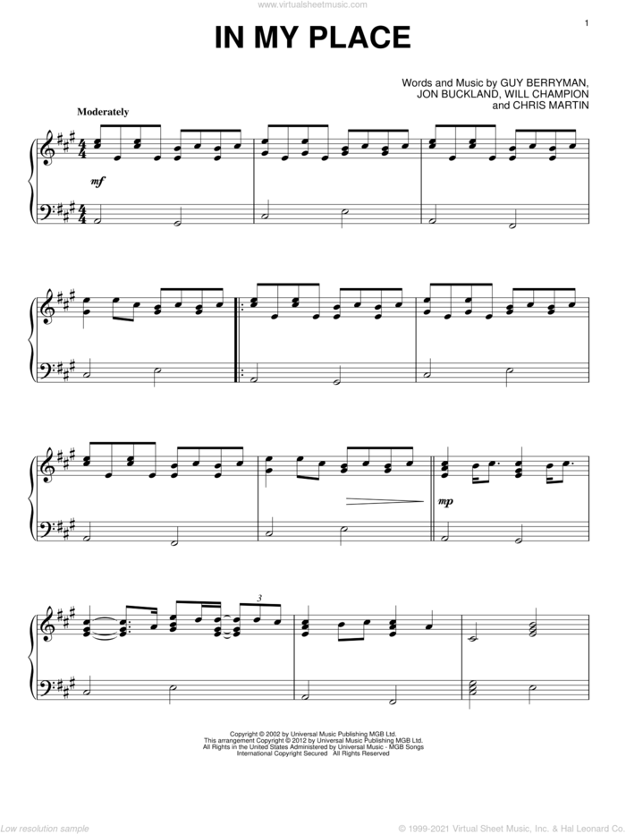 In My Place, (intermediate) sheet music for piano solo by Coldplay, Chris Martin, Guy Berryman, Jon Buckland and Will Champion, intermediate skill level