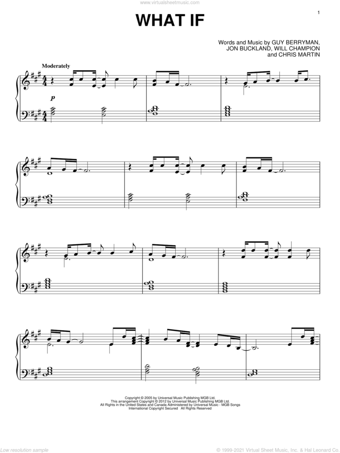 What If sheet music for piano solo by Coldplay, Chris Martin, Guy Berryman, Jon Buckland and Will Champion, intermediate skill level