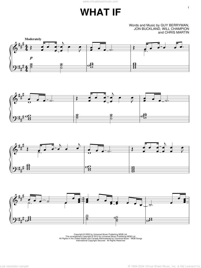 What If sheet music for piano solo by Coldplay, Chris Martin, Guy Berryman, Jon Buckland and Will Champion, intermediate skill level