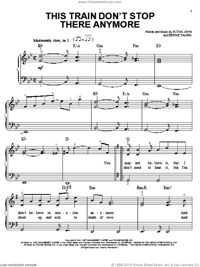 This Train Don't Stop There Anymore sheet music for piano solo by Elton John and Bernie Taupin, easy skill level