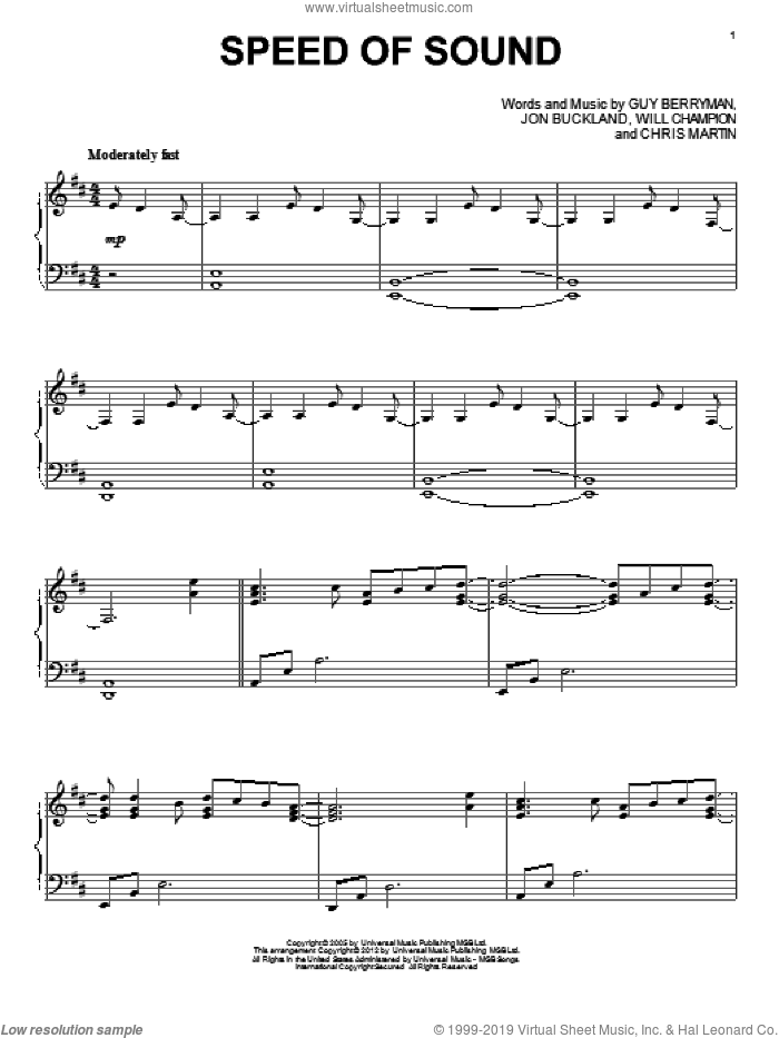 Speed Of Sound, (intermediate) sheet music for piano solo by Coldplay, Chris Martin, Guy Berryman, Jon Buckland and Will Champion, intermediate skill level