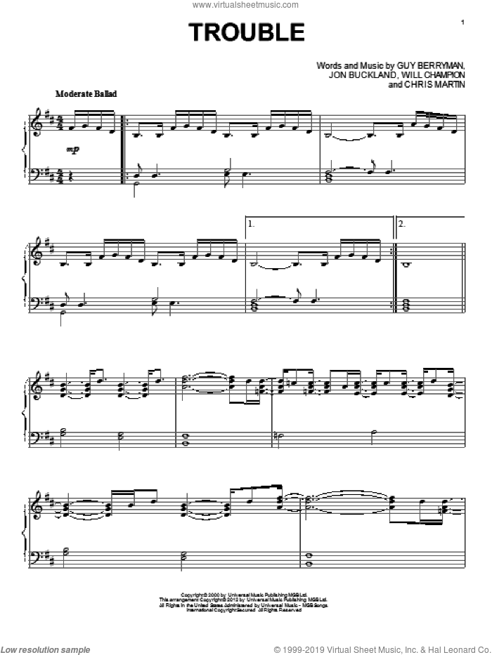 Trouble, (intermediate) sheet music for piano solo by Coldplay, Chris Martin, Guy Berryman, Jon Buckland and Will Champion, intermediate skill level