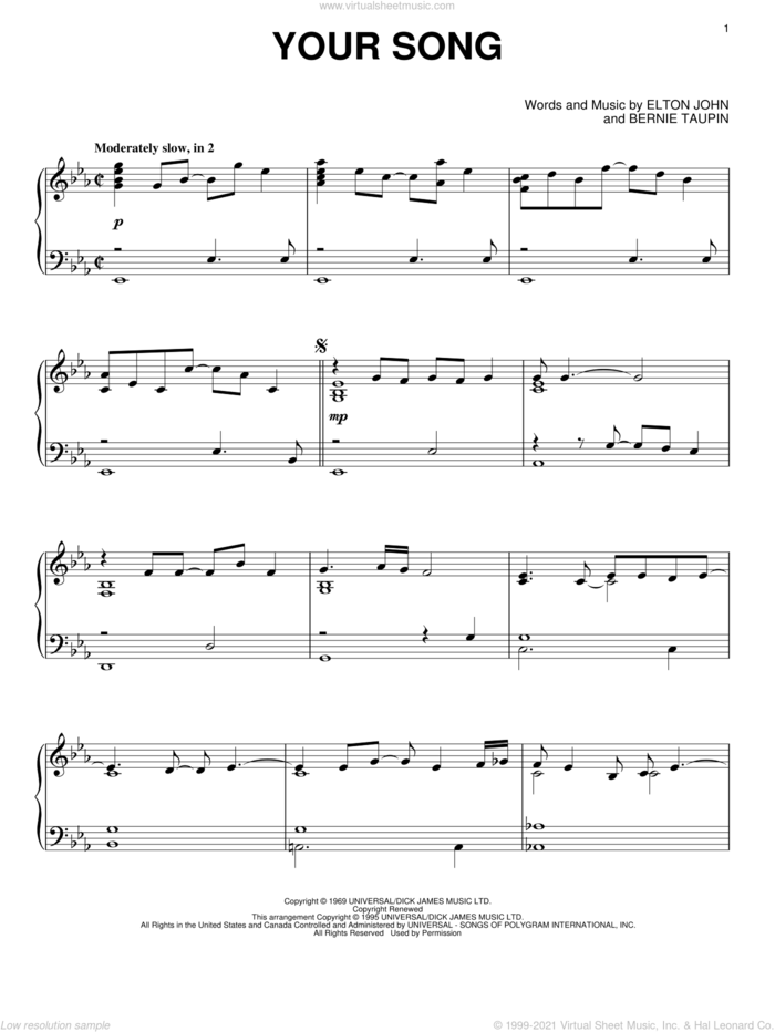 Your Song, (intermediate) sheet music for piano solo by Elton John and Bernie Taupin, wedding score, intermediate skill level
