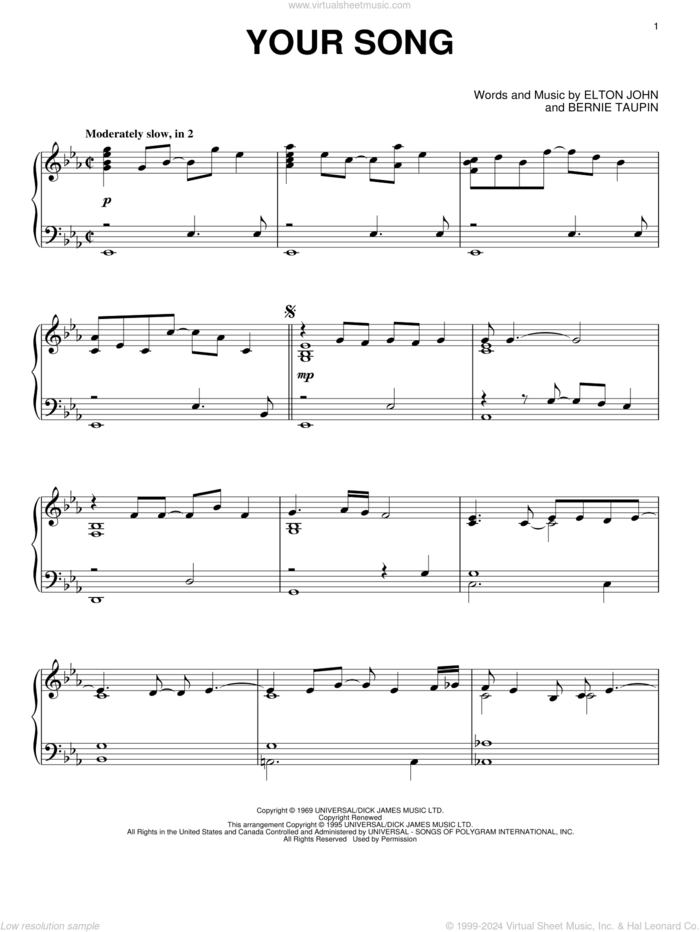 Your Song, (intermediate) sheet music for piano solo by Elton John and Bernie Taupin, wedding score, intermediate skill level