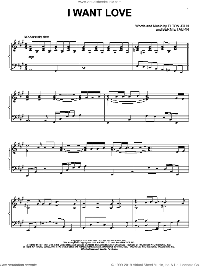 I Want Love sheet music for piano solo by Elton John and Bernie Taupin, intermediate skill level